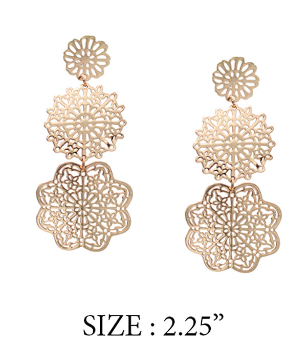 METAL FILIGREE TRIPLE FLOWER DROP EARRING