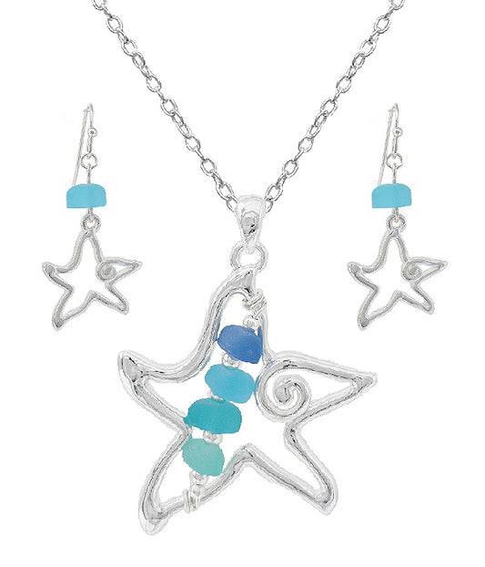 SEALIFE THEME SEAGLASS PENDANT NECKLACE SET - STARFISH