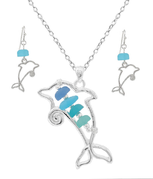 SEALIFE THEME SEAGLASS PENDANT NECKLACE SET - DOLPHIN