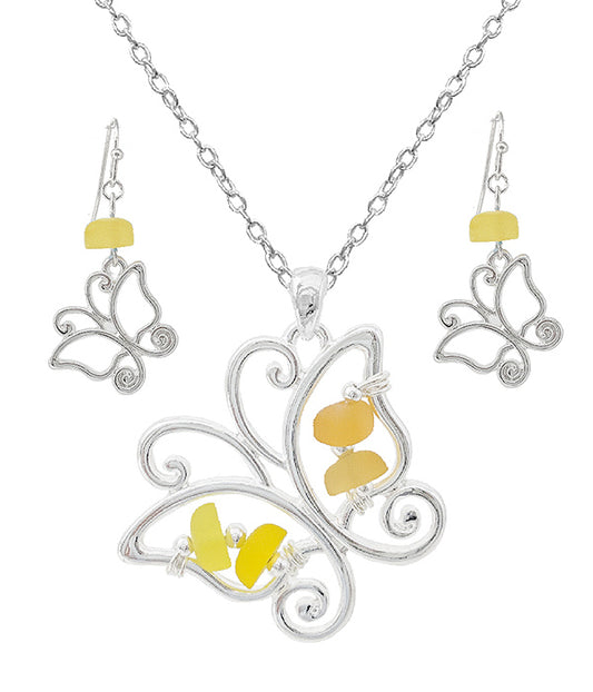 GARDEN THEME SEAGLASS PENDANT NECKLACE SET - BUTTERFLY