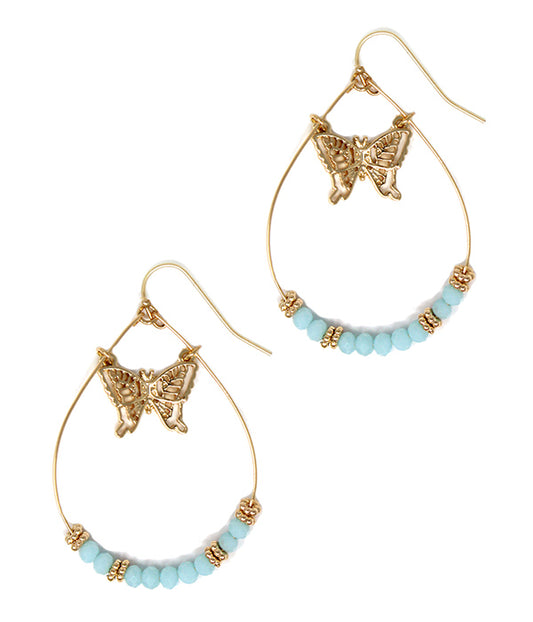 BUTTERFLY CENTER WIRE METAL TEARDROP HOOP EARRING