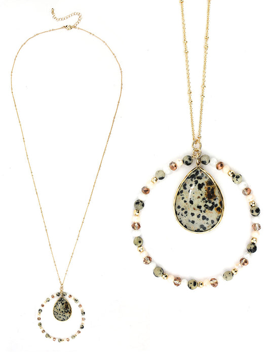 SEMI PRECIOUS TEARDROP AND HOOP PENDANT LONG NECKLACE - DALMATIAN JASPER