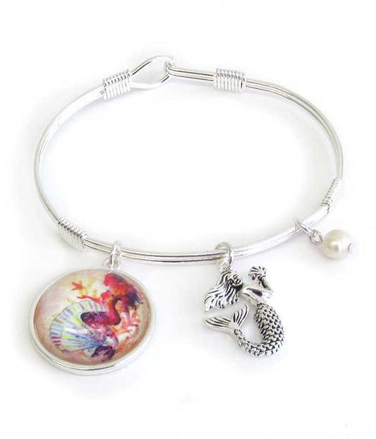 SEALIFE THEME CABOCHON CHARM WIRE BANGLE BRACELET - MERMAID