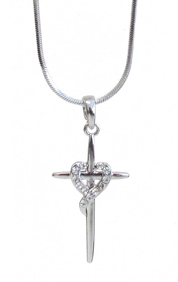 MADE IN KOREA WHITEGOLD PLATING CRYSTAL HEART AND CROSS PENDANT NECKLACE