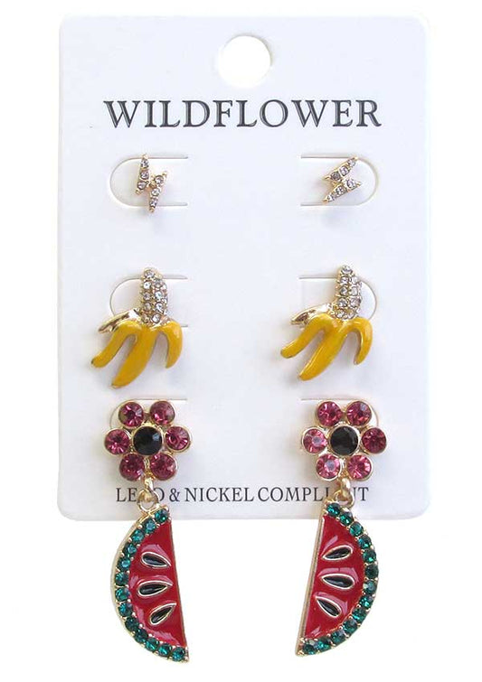 TROPICAL FRUIT 3 PAIR CRYSTAL EARRING SET - BANANA AND WATERMELON