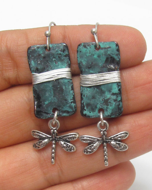 PATINA PLATE AND DRAGONFLY DROP EARRING