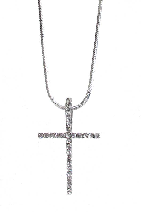 MADE IN KOREA WHITEGOLD PLATING CRYSTAL SKINNY CROSS PENDANT NECKLACE