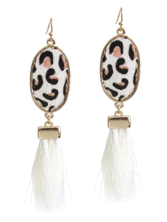 ANIMAL PRINT AND THREAD TASSEL DROP EARRING - GENUINE LEATHER