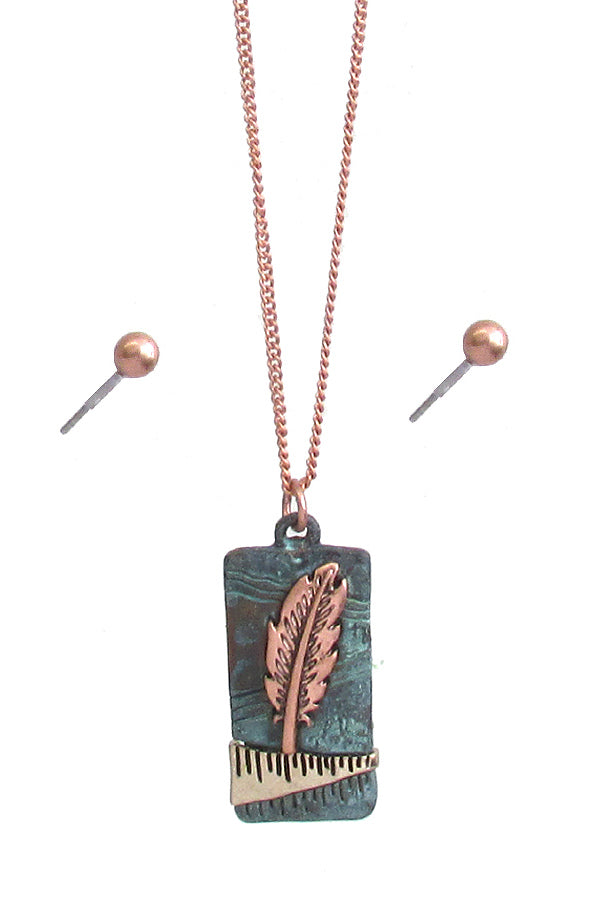 FEATHER METAL BAR PENDANT NECKLACE SET