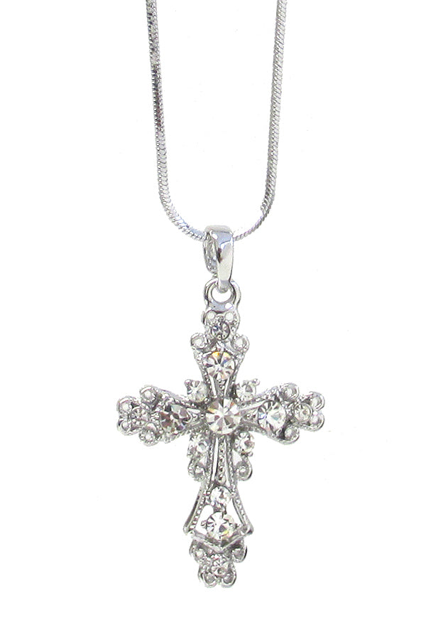 MADE IN KOREA WHITEGOLD PLATING CRYSTAL CROSS PENDANT NECKLACE