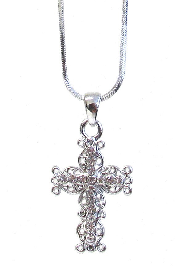 MADE IN KOREA WHITEGOLD PLATING CRYSTAL CROSS PENDANT NECKLACE