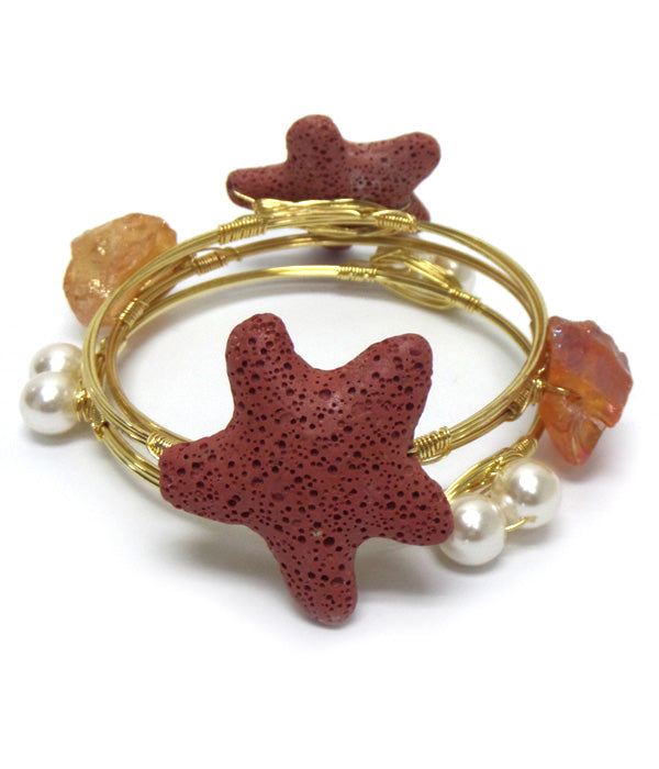 PEARLS STONES AND STARFISH SET OF THREE BANGLE BRACELETS