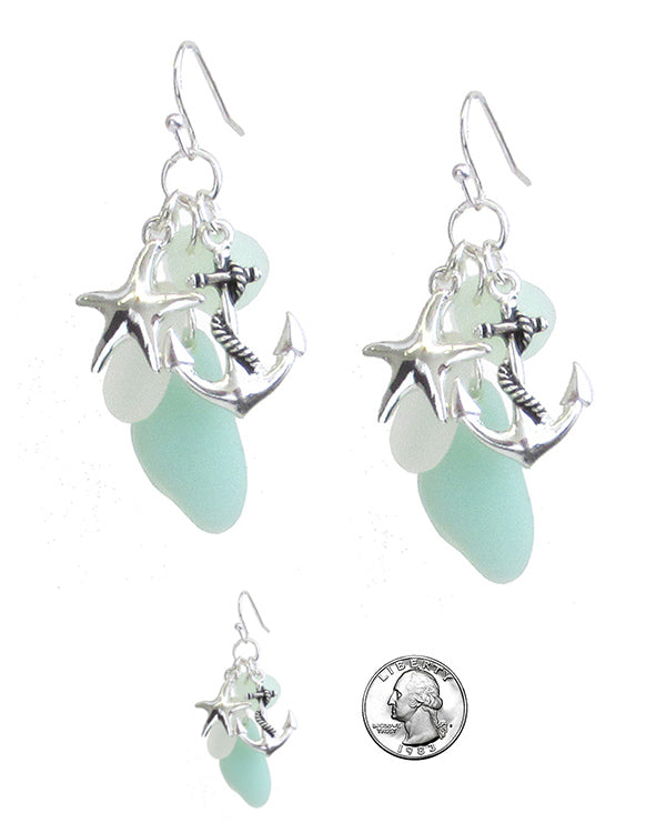 SEALIFE THEME SEAGLASS MULTI CHARM EARRING - ANCHOR STARFISH sea glass