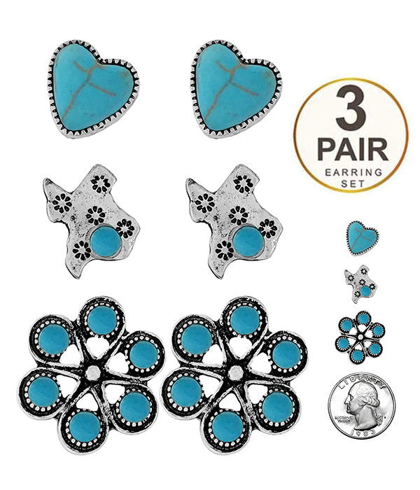 WESTERN THEME 3 PAIR EARRING SET - HEART TEXAS CONCHO