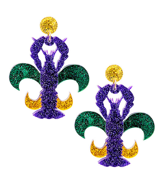 MARDI GRAS THEME GLITTERING LOBSTER FLEUR DE LIS EARRING