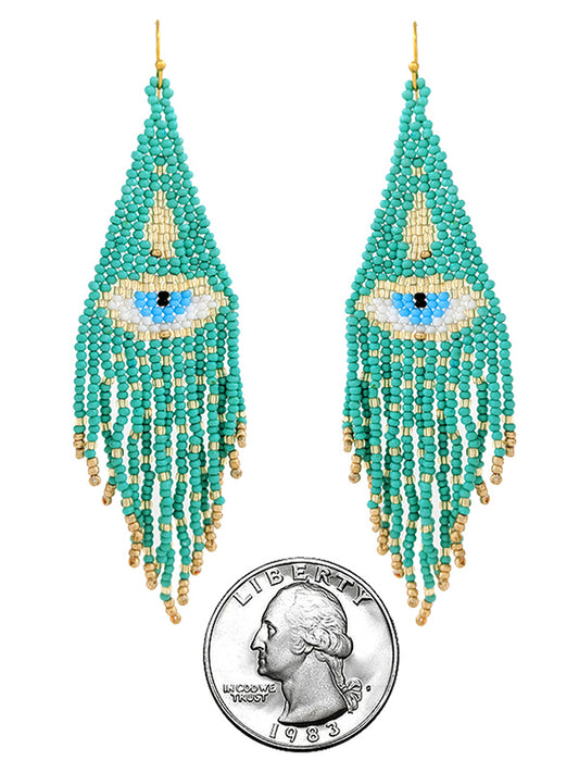 HANDMADE MULTI SEEDBEAD EVIL EYE TASSEL DROP EARRING