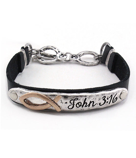 RELIGIOUS INSPIRATION LEATHERETTE TOGGLE BRACELET - JOHN 3:16