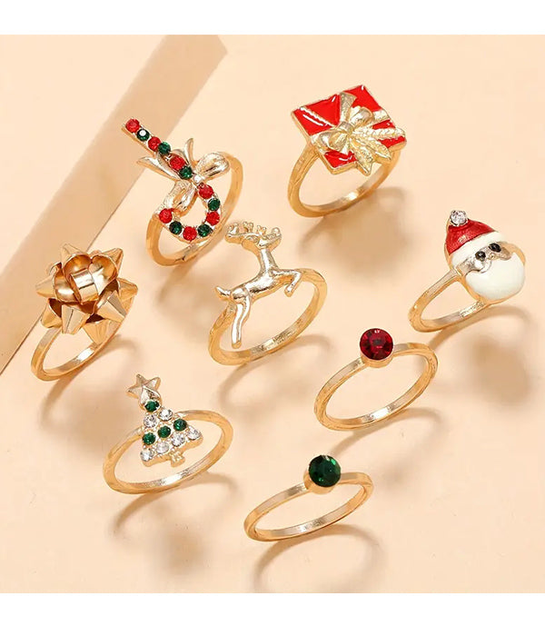 CHRISTMAS THEME 8 PIECE RING SET - SANTA TREE GIFT BOX