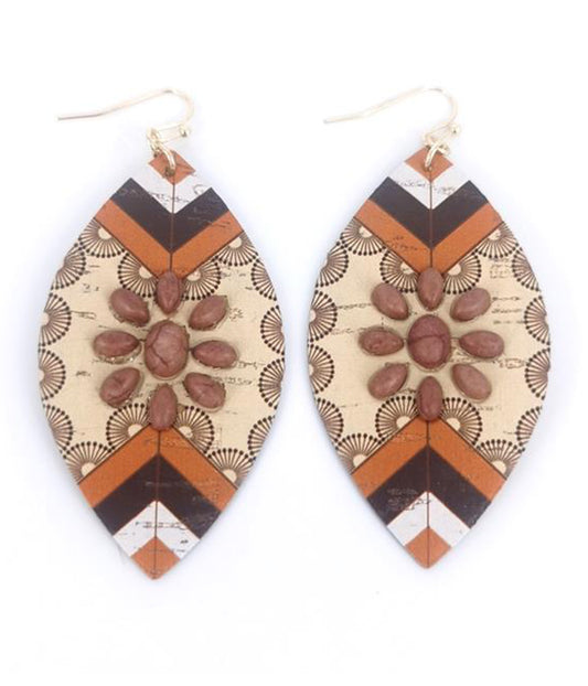 WESTERN AZTEC PATTERN MARQUISE WOOD EARRING