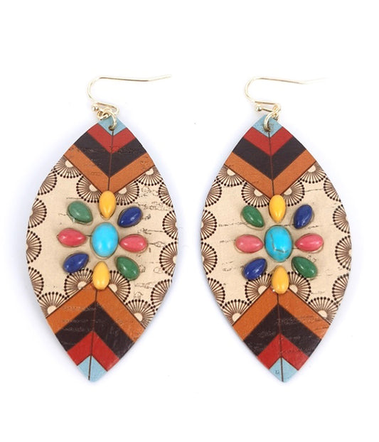 WESTERN AZTEC PATTERN MARQUISE WOOD EARRING