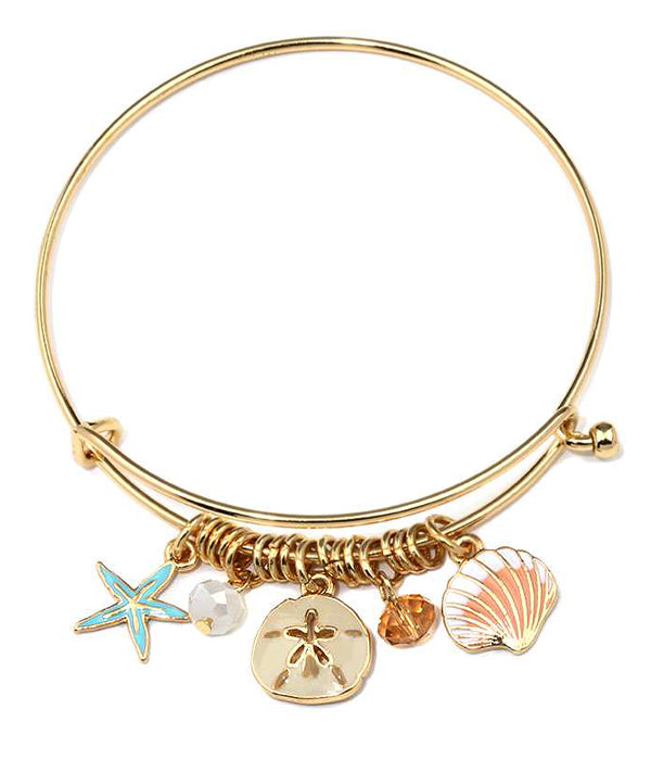 ENAMEL STARFISH AND SAND DOLLAR CHARM WIRE BANGLE BRACELET