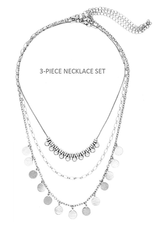 MULTI METAL DISC AND BALL DANGLE 3 PIECE NECKLACE SET