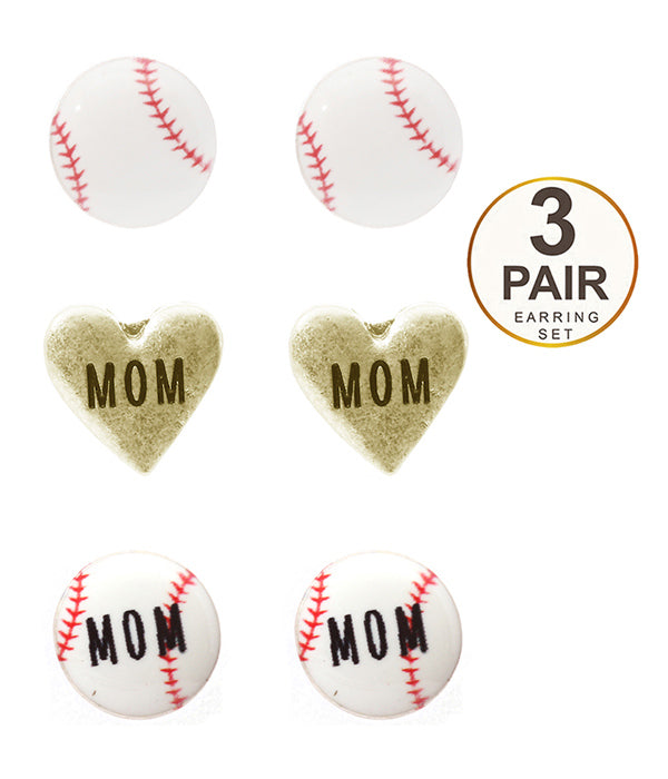 SPORT THEME 3 PAIR EARRING SET - BASEBALL