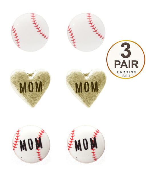 SPORT THEME 3 PAIR EARRING SET - BASEBALL