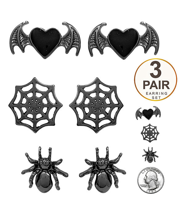 HALLOWEEN THEME 3 PAIR EARRING SET - SPIDER BAT