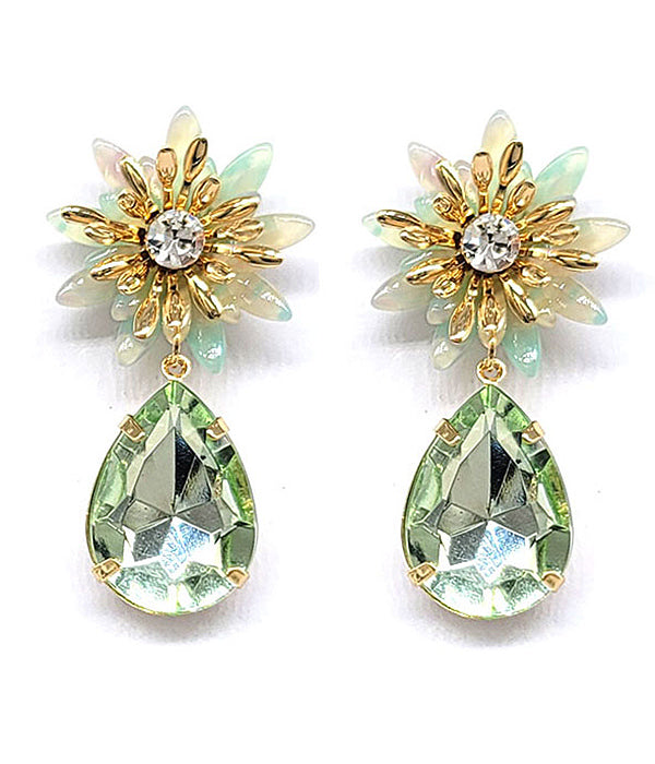 CRYSTAL CENTER FLOWER AND FACET TEARDROP EARRING