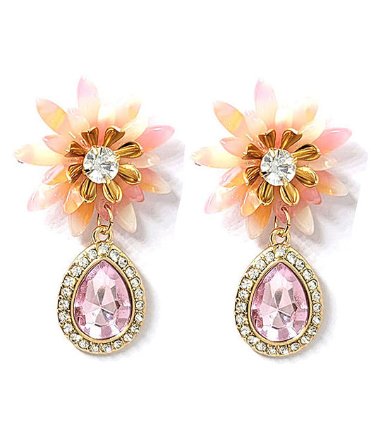 CRYSTAL CENTER FLOWER AND FACET TEARDROP EARRING