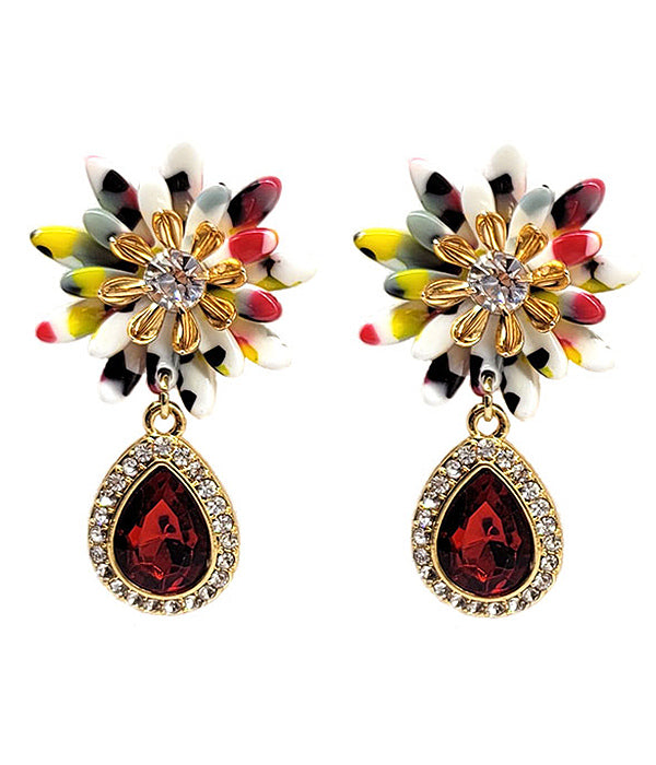 CRYSTAL CENTER FLOWER AND FACET TEARDROP EARRING