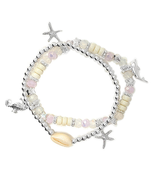 SEALIFE THEME MULTI CHARM DOUBLE STRETCH BRACELET SET - STARFISH SEAHORSE