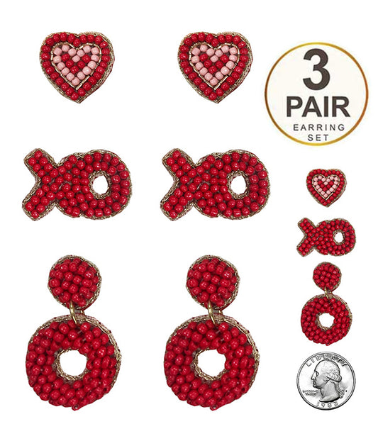 VALENTINE DAY THEME MULTI SEEDBEAD 3 PAIR EARRING SET - XO