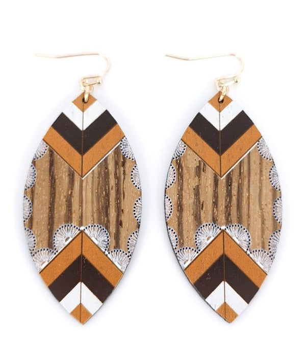 WESTERN AZTEC PATTERN MARQUISE WOOD EARRING