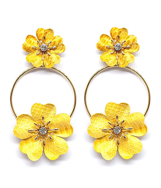 CRYSTAL CENTER CHUNKY DOUBLE FLOWER HOOP EARRING