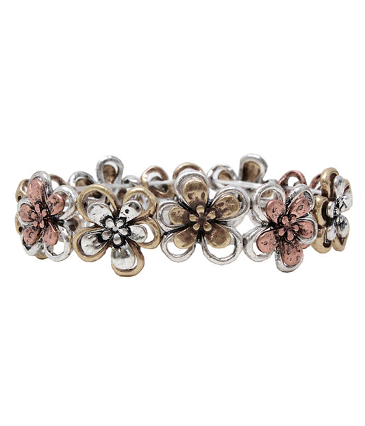 VINTAGE METAL MULTI FLOWER LINK STRETCH BRACELET