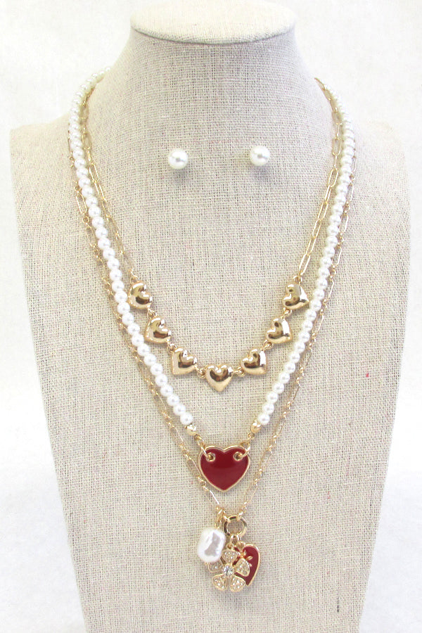 MULTI HEART PENDANT AND MULTI PEARL CHAIN NECKLACE SET