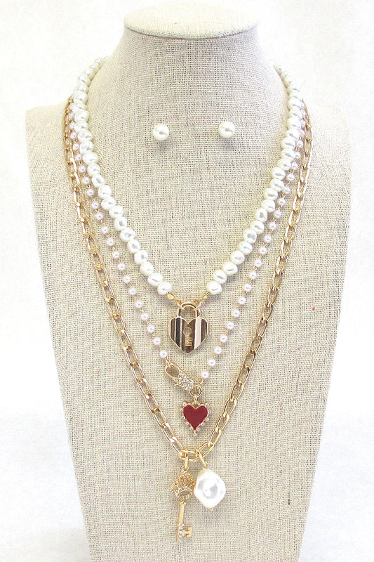 HEART LOCK AND KEY PENDANT AND MULTI PEARL CHAIN NECKLACE SET