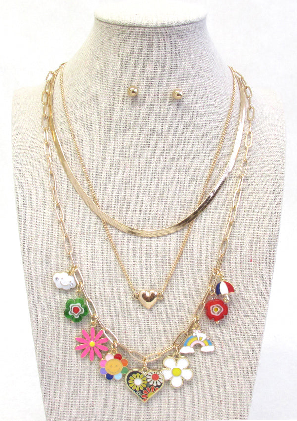 GARDEN THEME MULTI CHARM MULTI LAYER NECKLACE - FLOWER HEART RAINBOW