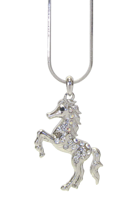 MADE IN KOREA WHITEGOLD PLATING CRYSTAL HORSE PENDANT NECKLACE