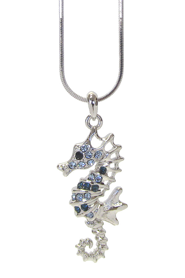 MADE IN KOREA WHITEGOLD PLATING CRYSTAL SEA HORSE PENDANT NECKLACE