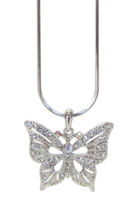 MADE IN KOREA WHITEGOLD PLATING CRYSTAL BUTTERFLY PENDANT NECKLACE