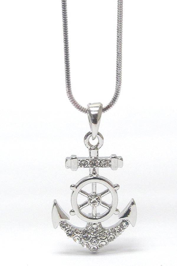 MADE IN KOREA WHITEGOLD PLATING CRYSTAL ANCHOR AND STEERING WHEEL PENDANT NECKLACE