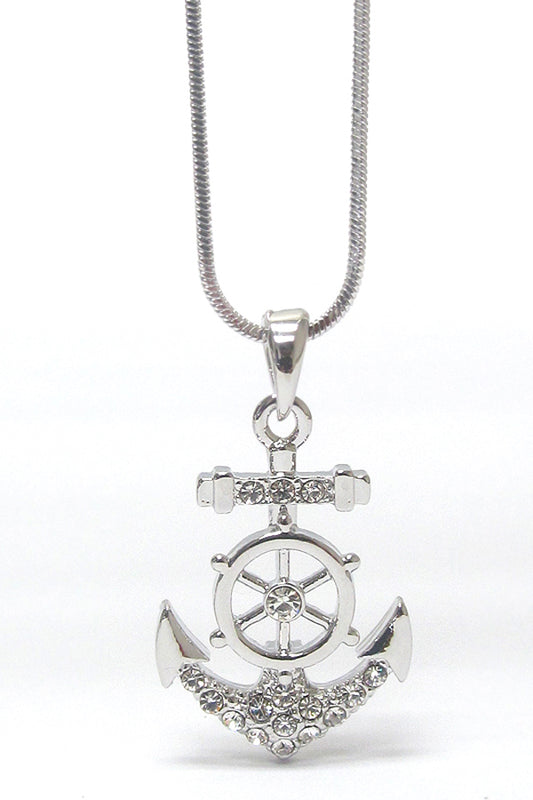 MADE IN KOREA WHITEGOLD PLATING CRYSTAL ANCHOR AND STEERING WHEEL PENDANT NECKLACE