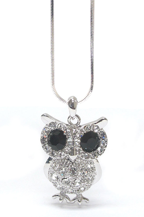 MADE IN KOREA WHITEGOLD PLATING CRYSTAL BIG EYE OWL PENDANT NECKLACE