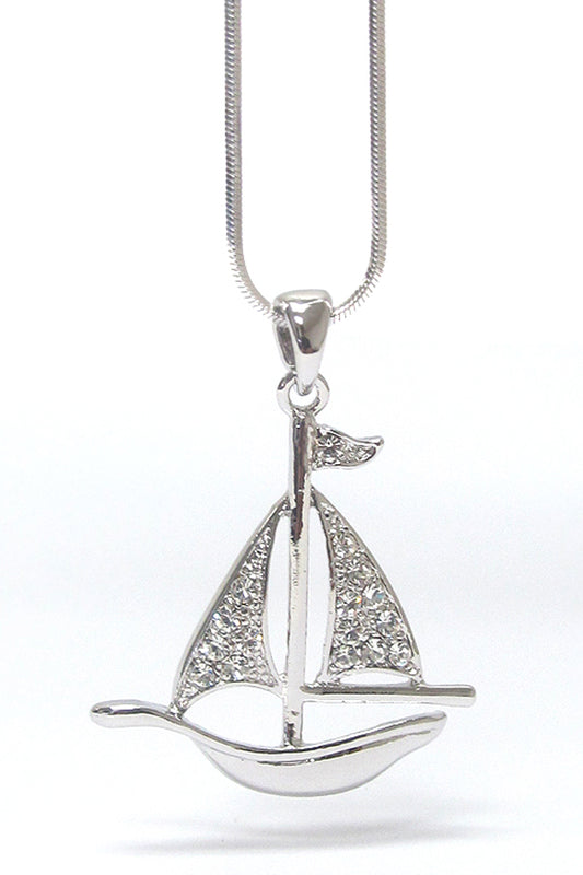 MADE IN KOREA WHITEGOLD PLATING CRYSTAL STUD SAILBOAT PENDANT NECKLACE