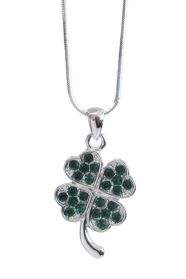 MADE IN KOREA WHITEGOLD PLATING CRYSTAL STUD SAINT PATRICK SHAMROCK CLOVER PENDANT NECKLACE