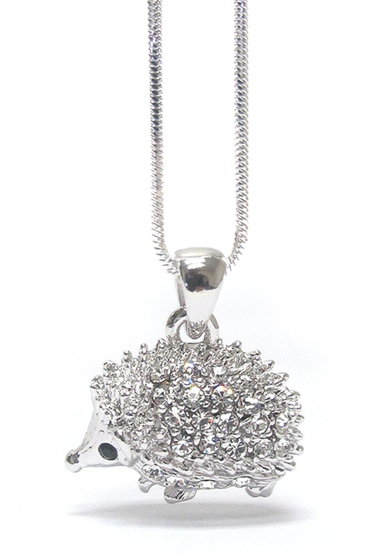 MADE IN KOREA WHITEGOLD PLATING CRYSTAL DECO HEDGEHOG NECKLACE