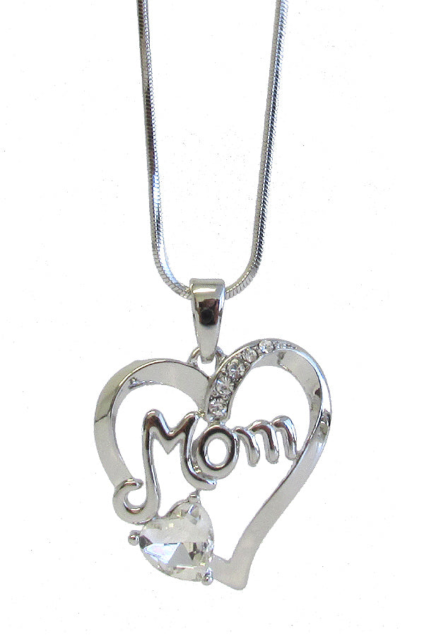 MADE IN KOREA WHITEGOLD PLATING MOTHERS DAY CRYSTAL MOM HEART PENDANT NECKLACE